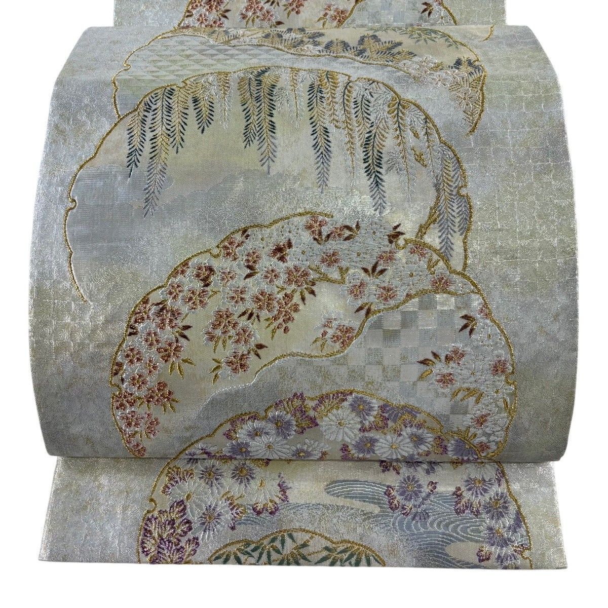 【美品】 袋帯 名品 菊 薫風雪輪献上文 金銀糸 箔 銀色 六通 正絹 【中古】