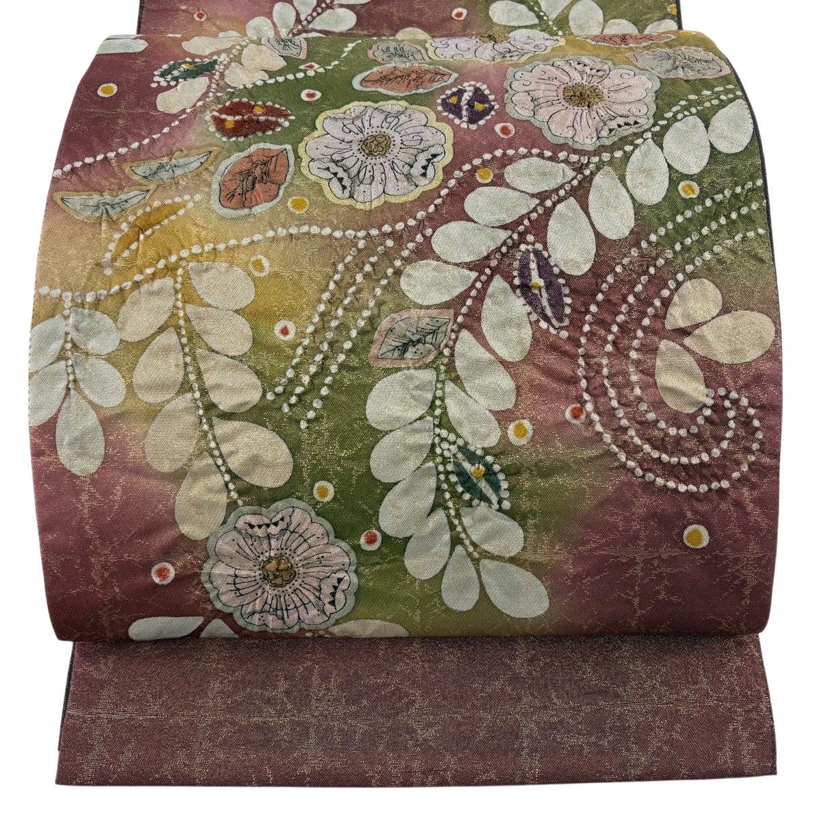 【美品】 袋帯 名品 落款 証紙 辻が花 箔 金糸 赤紫 お太鼓柄 正絹 【中古】