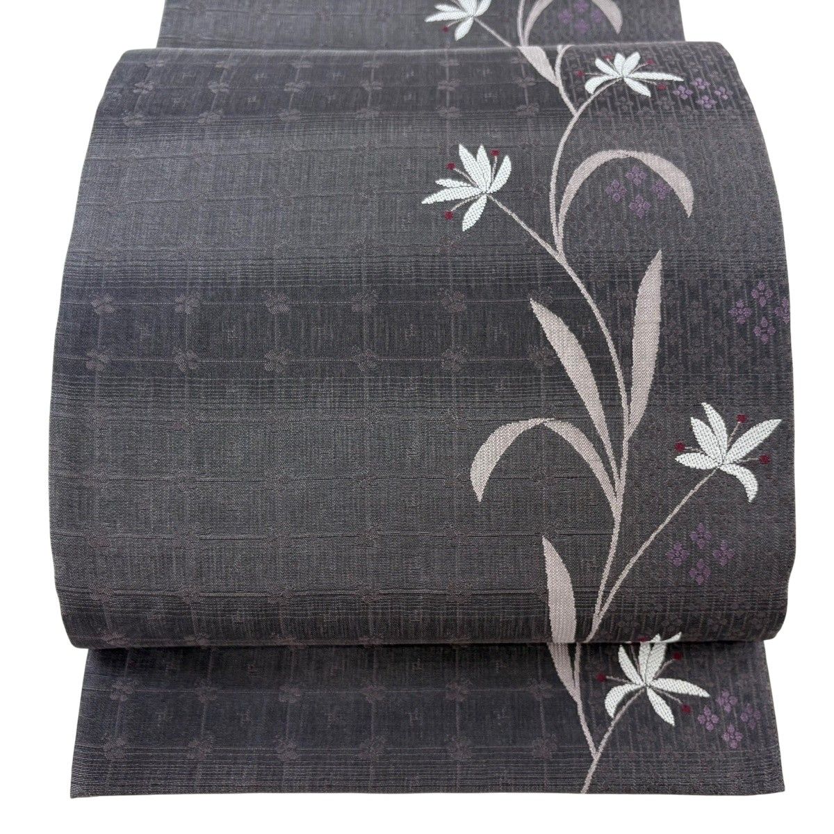 【美品】 袋帯 名品 草花 花菱 灰紫 全通 正絹 【中古】