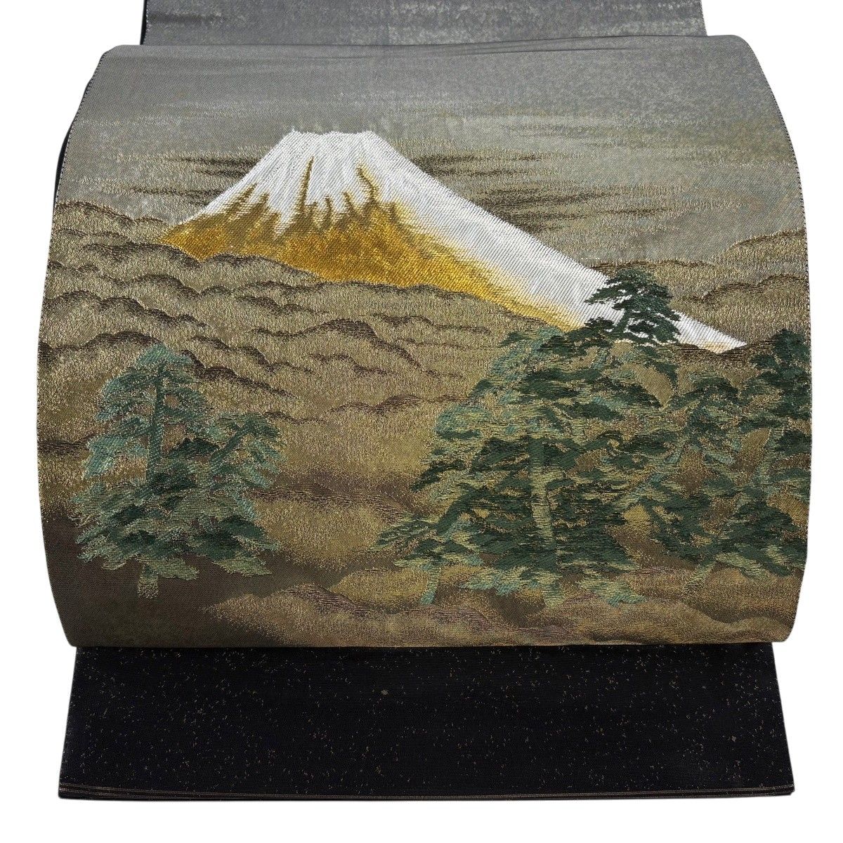 【美品】 袋帯 名品 横山大観 落款 じゅらく 山 樹木 金糸 箔 黒 お太鼓柄 正絹 【中古】