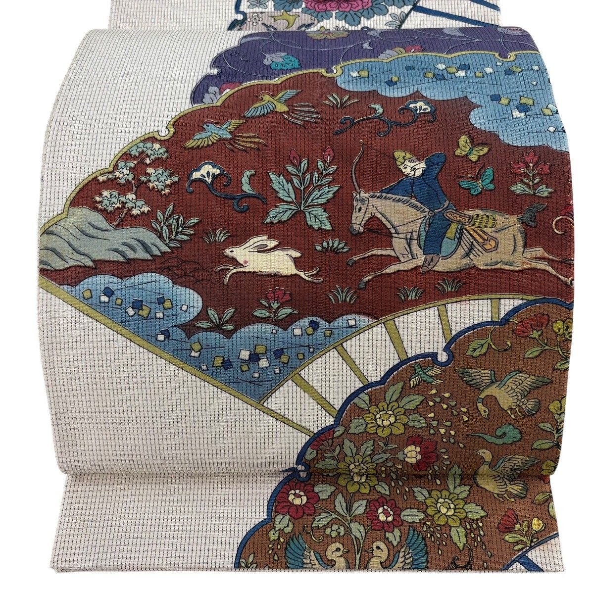袋帯 名品 落款 狩猟文 扇 ベージュ お太鼓柄 正絹 【中古】