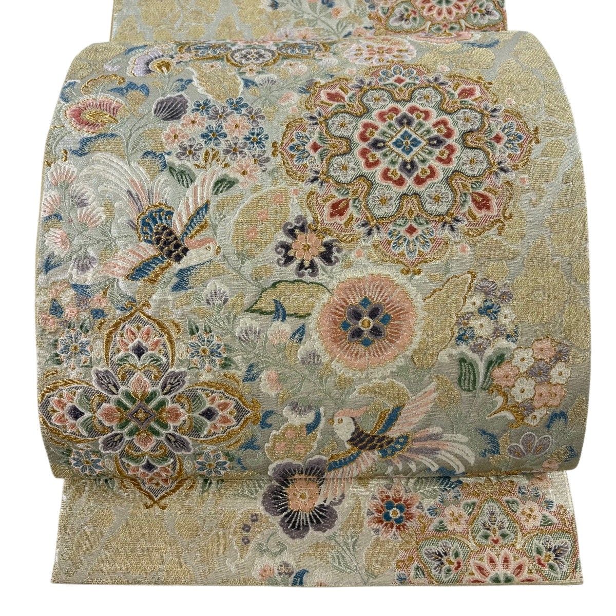 袋帯 名品 更紗華文 鳥 金糸 刺繍 ベージュ お太鼓柄 正絹 【中古】