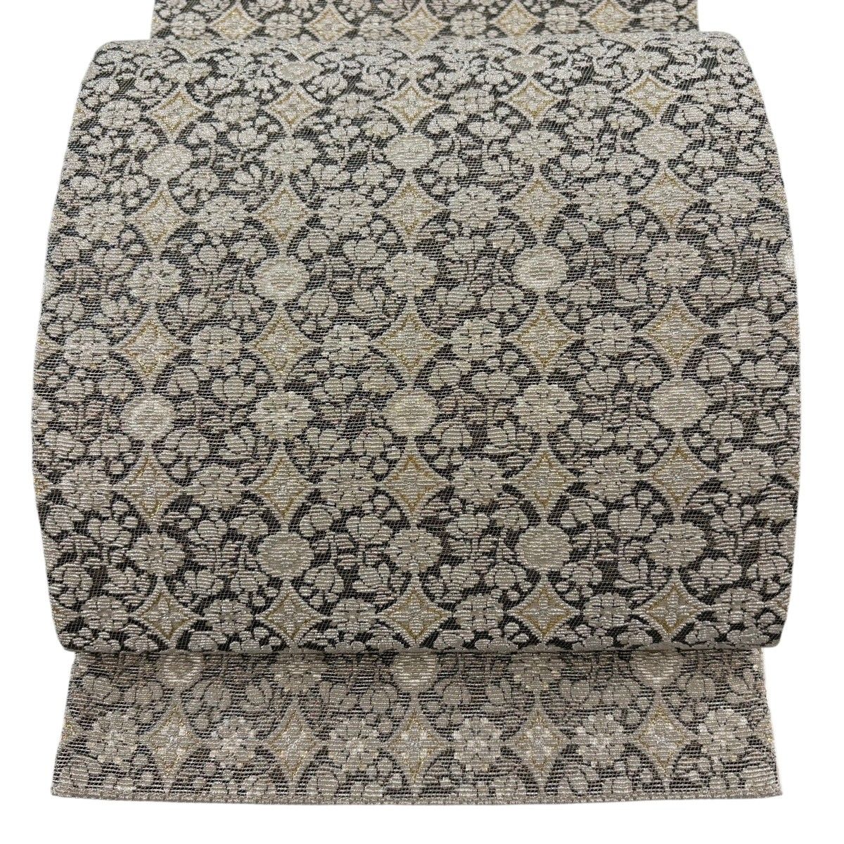 【美品】 袋帯 名品 草花 花 金糸 箔 ベージュ 六通 正絹 【中古】