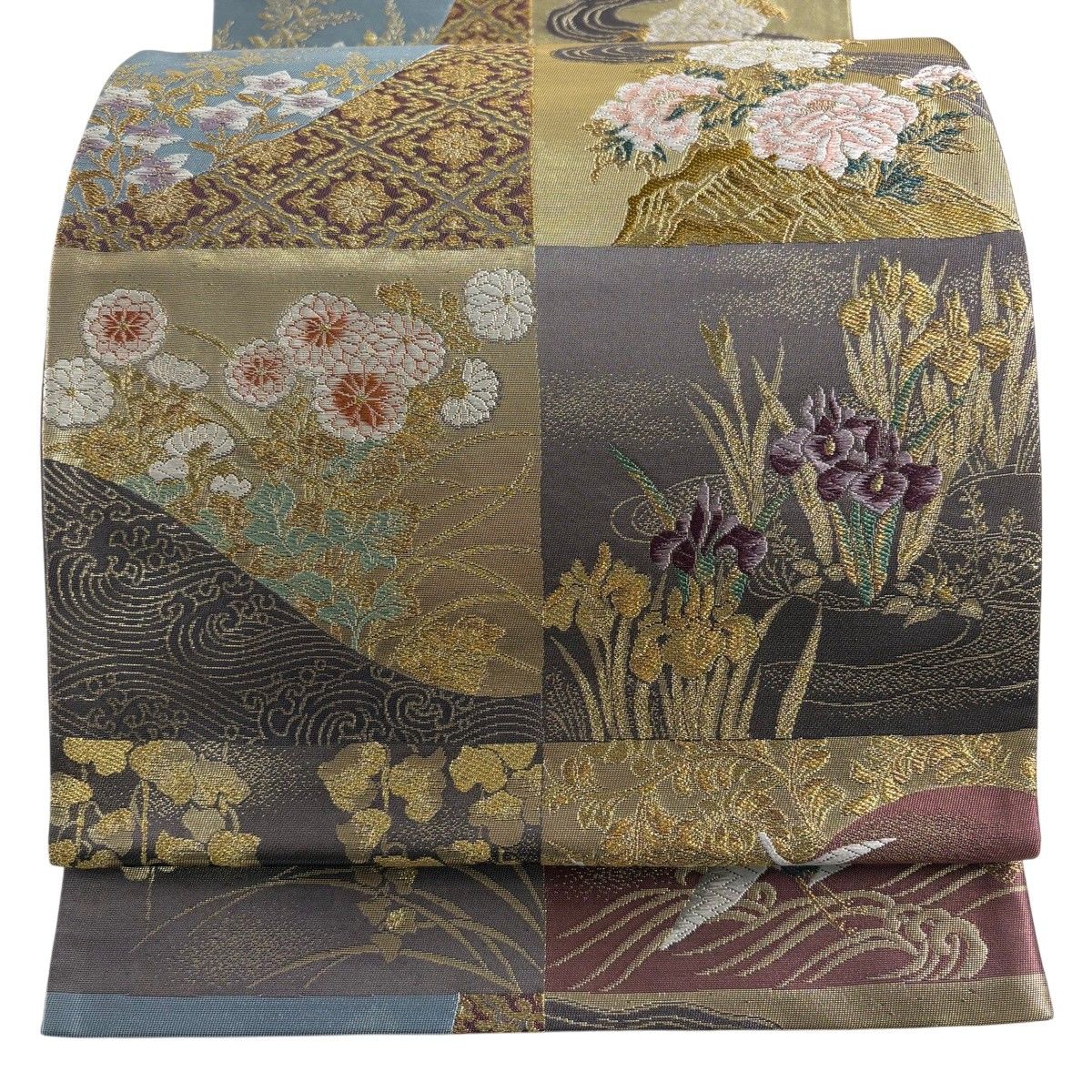 【美品】 袋帯 名品 色紙牡丹文 草花 刺繍 金糸 灰紫 六通 正絹 【中古】