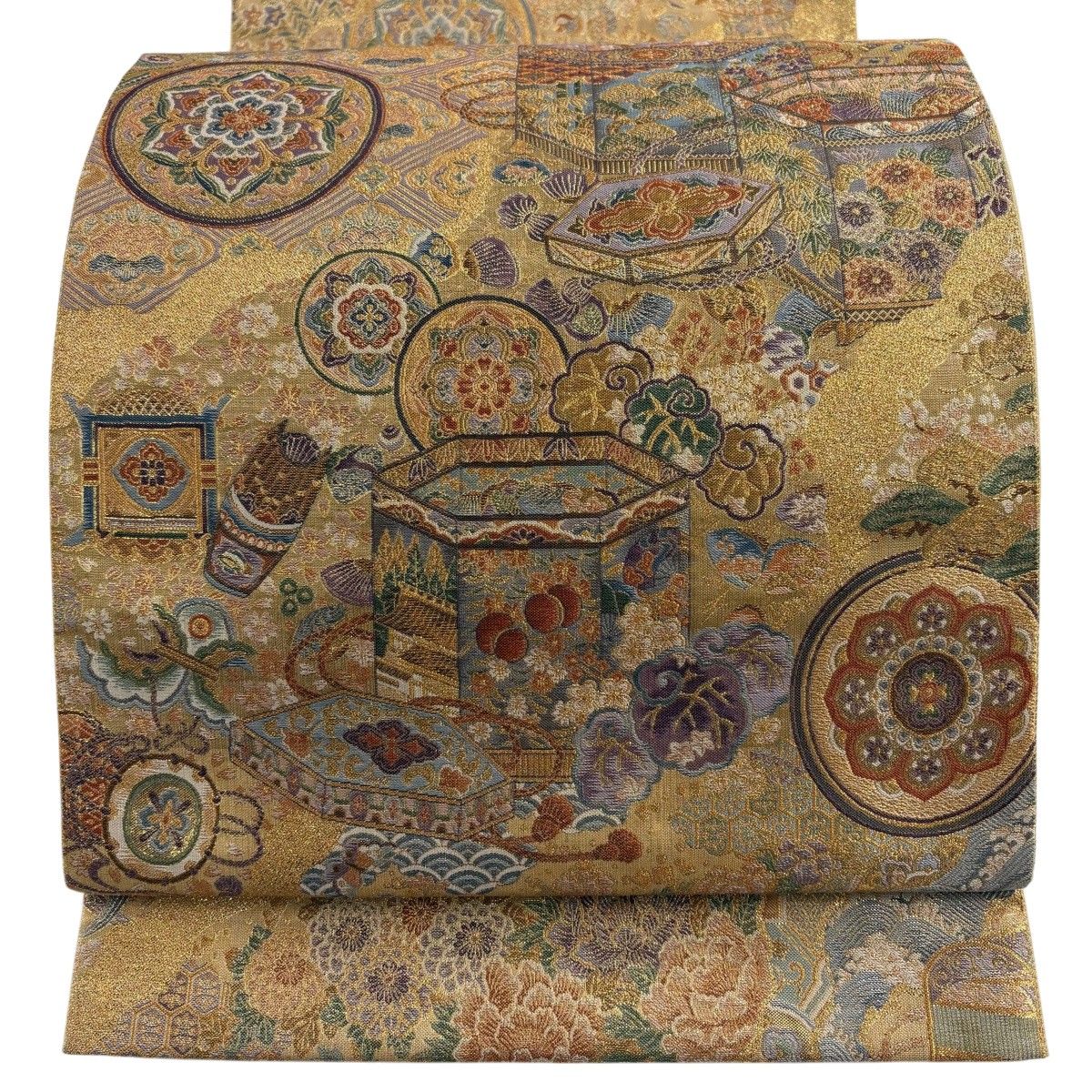 【美品】 袋帯 名品 石宝百選 道長貝桶華文 草花 箔 金糸 金色 六通 正絹 【中古】