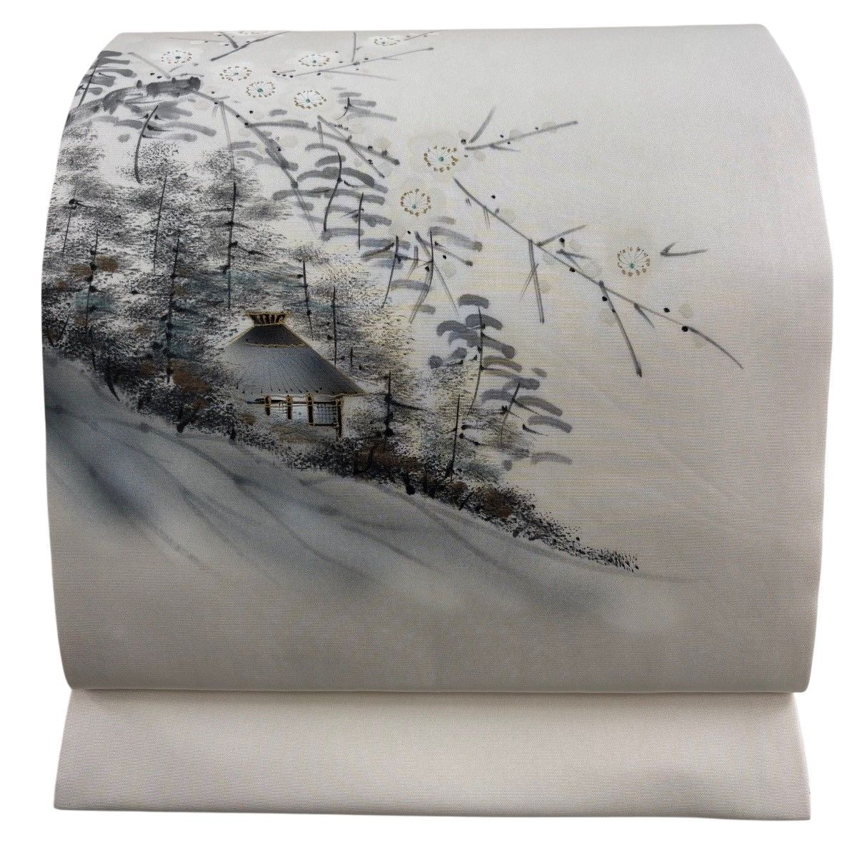 【美品】 開き名古屋帯 名品 家屋 枝梅 金彩 クリーム 正絹 【中古】