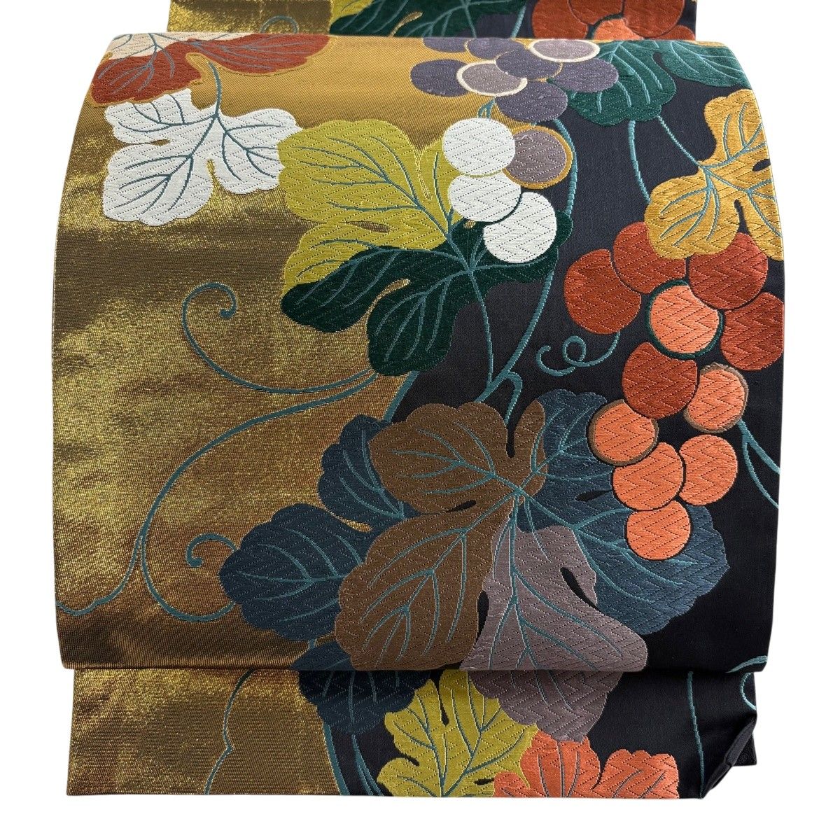 袋帯 名品 葡萄 刺繍 箔 黒 六通 正絹 【中古】