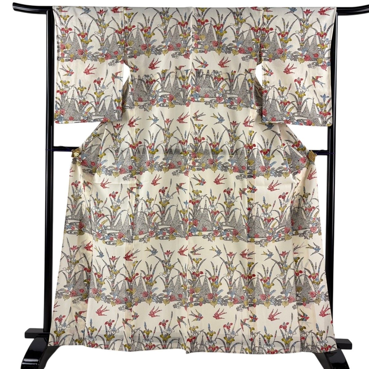 【美品】 小紋 身丈163.5cm 裄丈65cm M 薄物 縦絽 網干 花鳥 ベージュ 正絹 秀品 【中古】