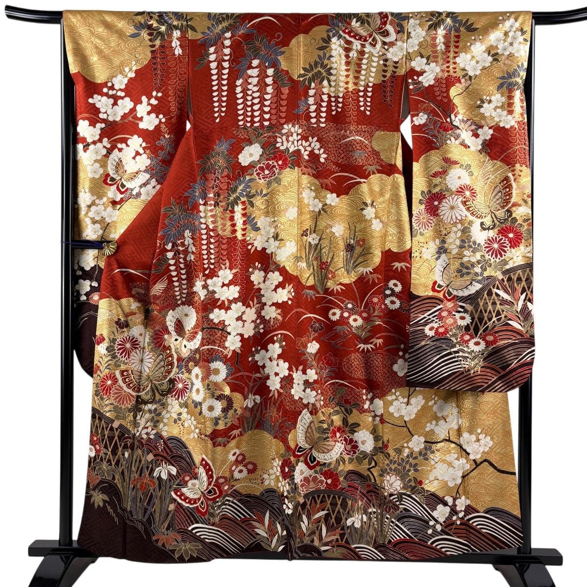 【美品】 振袖 身丈159cm 裄丈65.5cm M 袷 蝶 秋草 金糸 金彩 赤 正絹 秀品 【中古】 8,850円