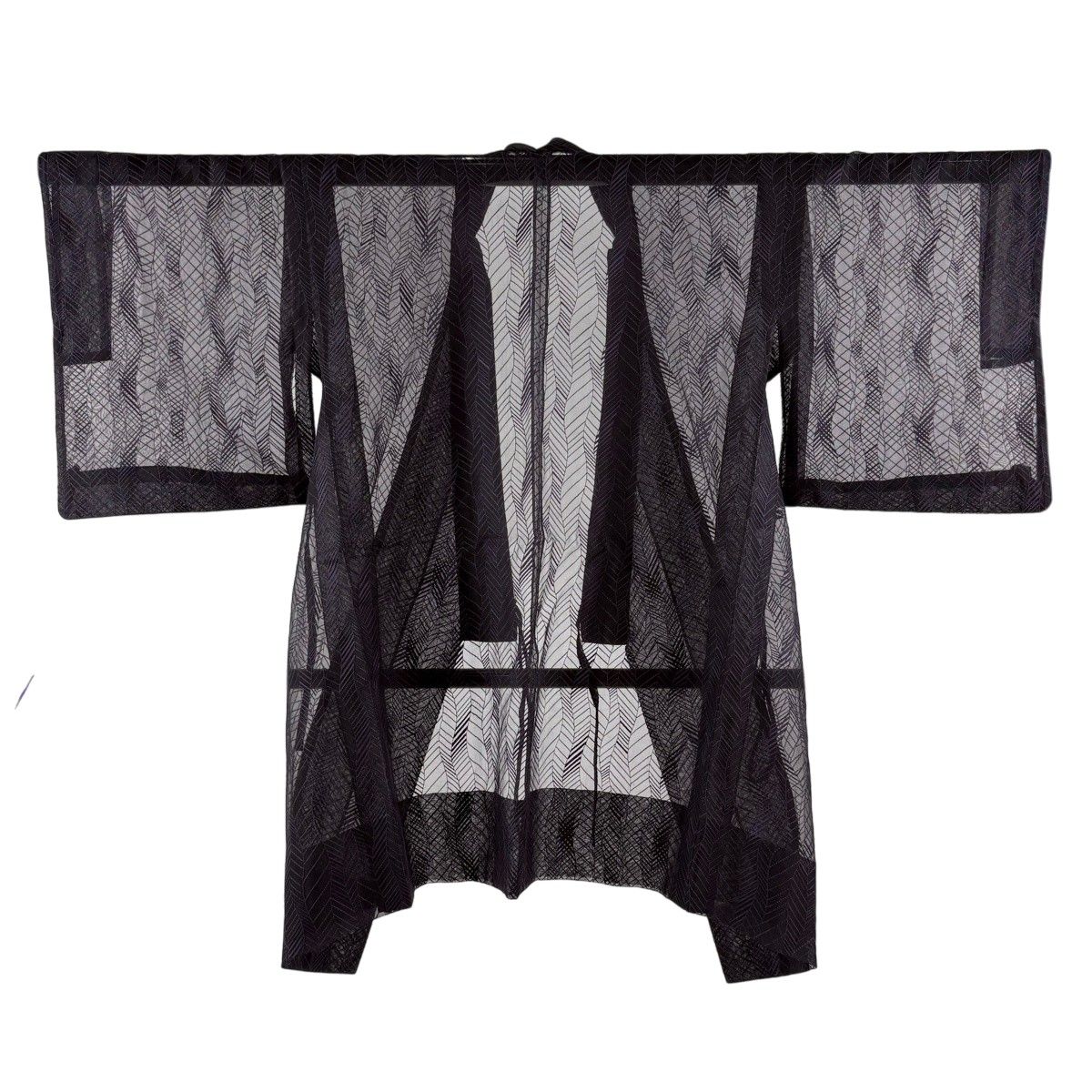 【美品】 道中着 身丈96cm 裄丈63cm S 和装コート 着物衿 よろけ縞 幾何学模様 濃紫 正絹 秀品 【中古】
