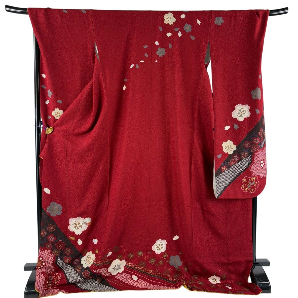 振袖 身丈178cm 裄丈72.5cm L 袷 ぽっくり 桜 刺繍 絞り 茜色 正絹 秀