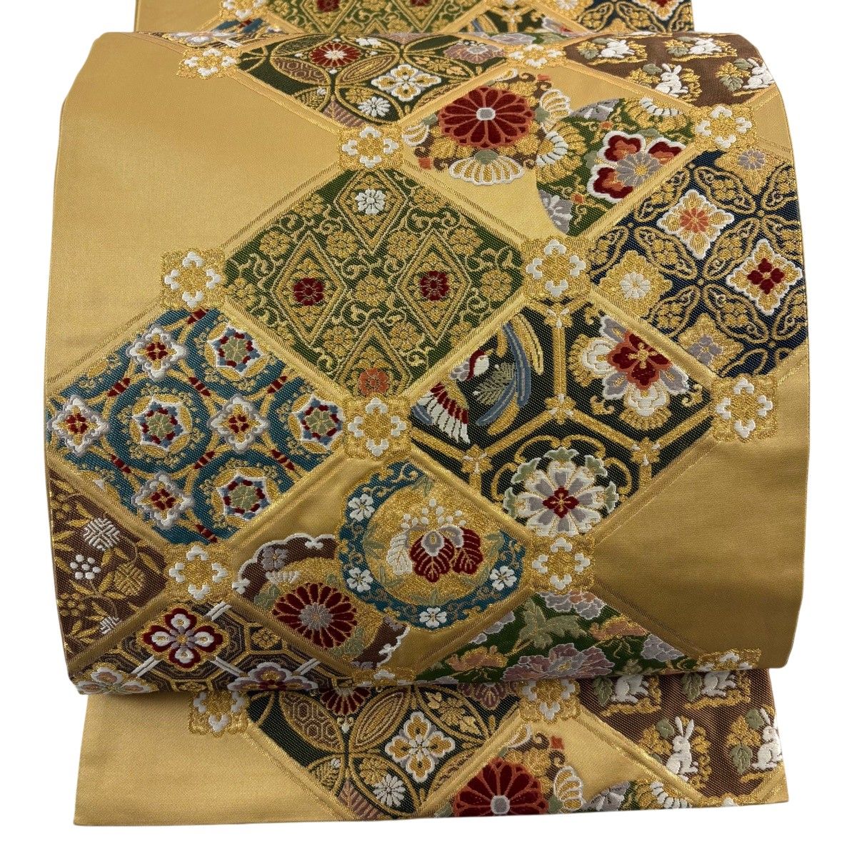 【美品】 袋帯 秀品 草花 七宝 箔 金糸 山吹茶色 六通 正絹 【中古】