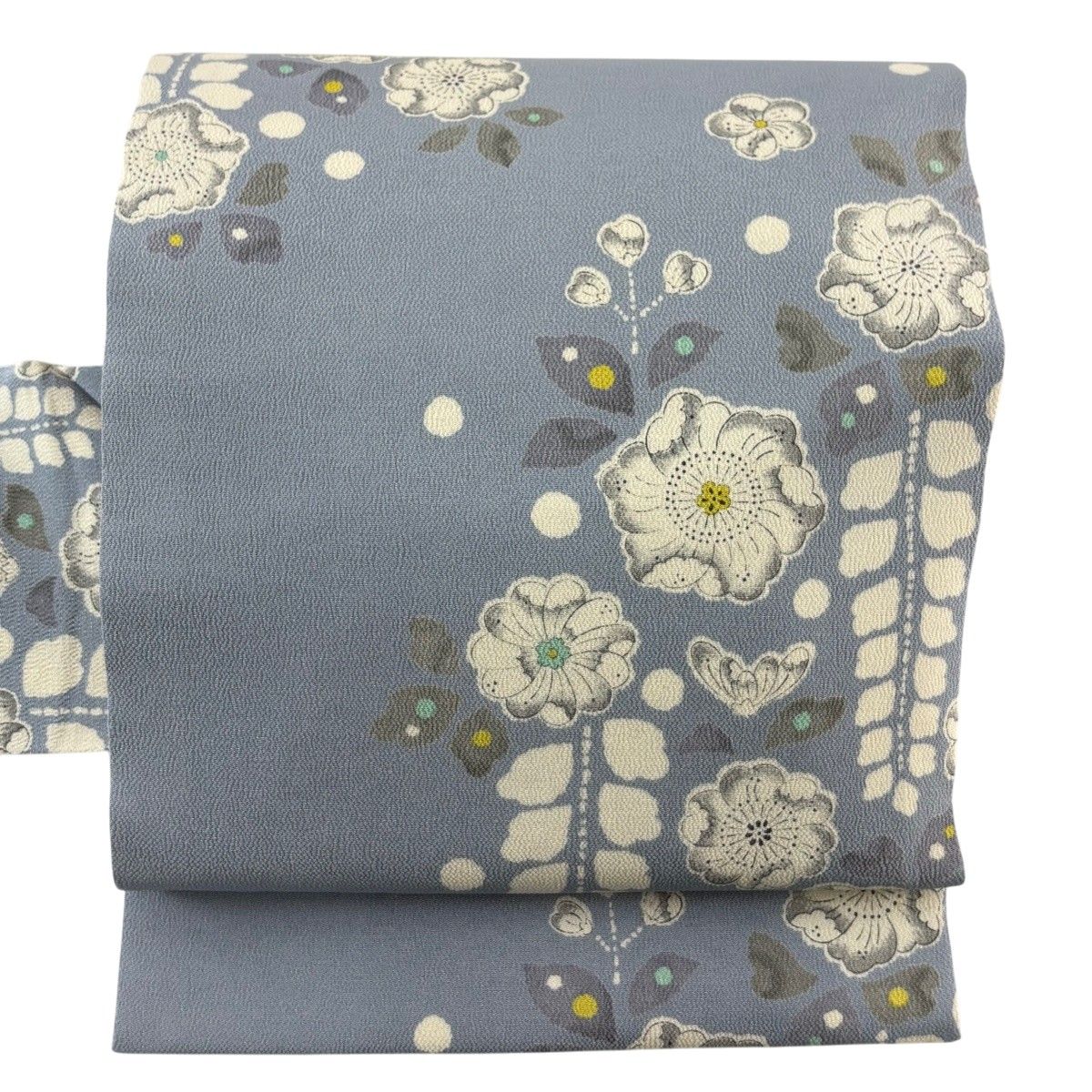 名古屋帯 秀品 辻が花柄 縮緬 青灰色 正絹 【中古】