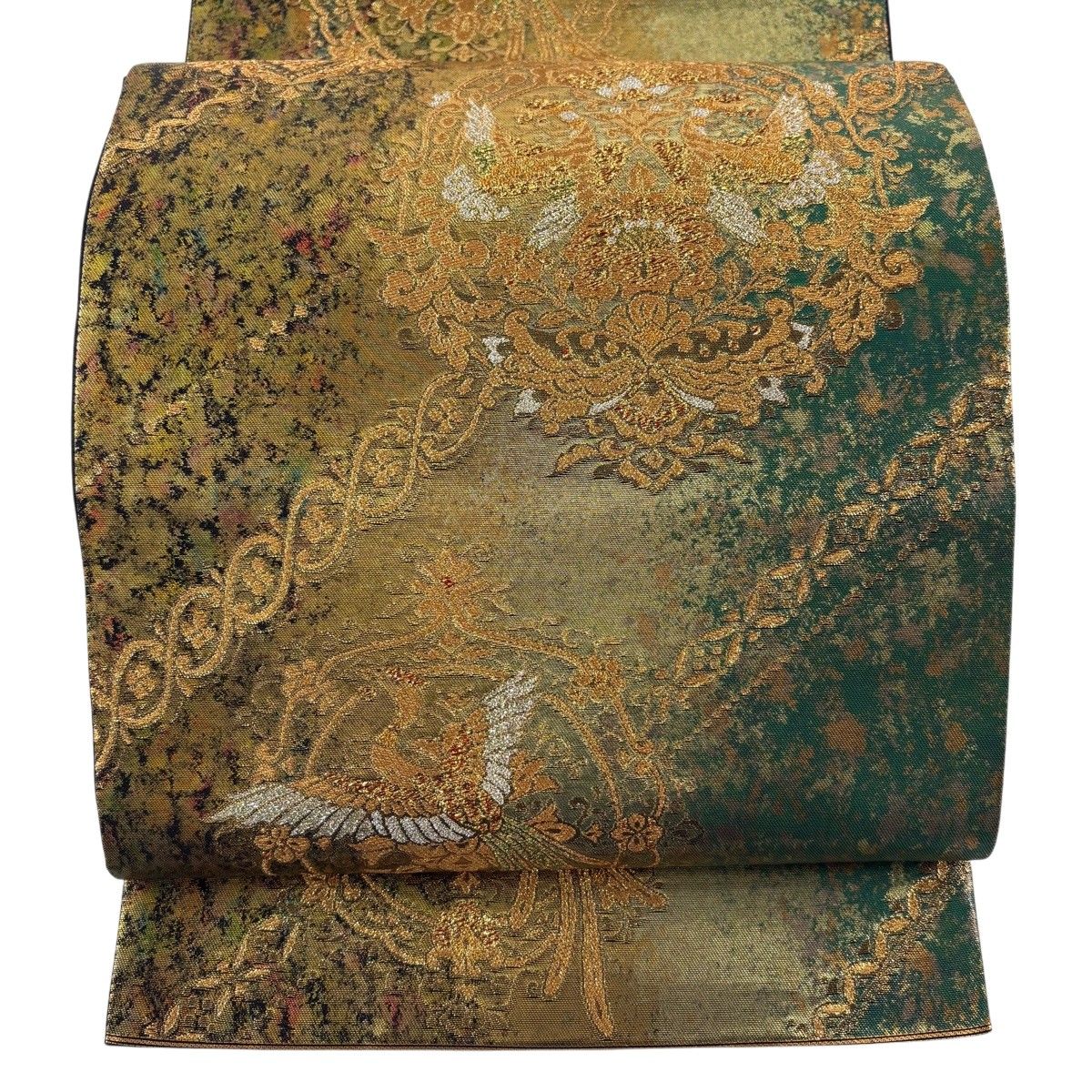 袋帯 秀品 関西仕立て 花鳥 華文 金銀糸 箔 緑 六通 正絹 【中古】