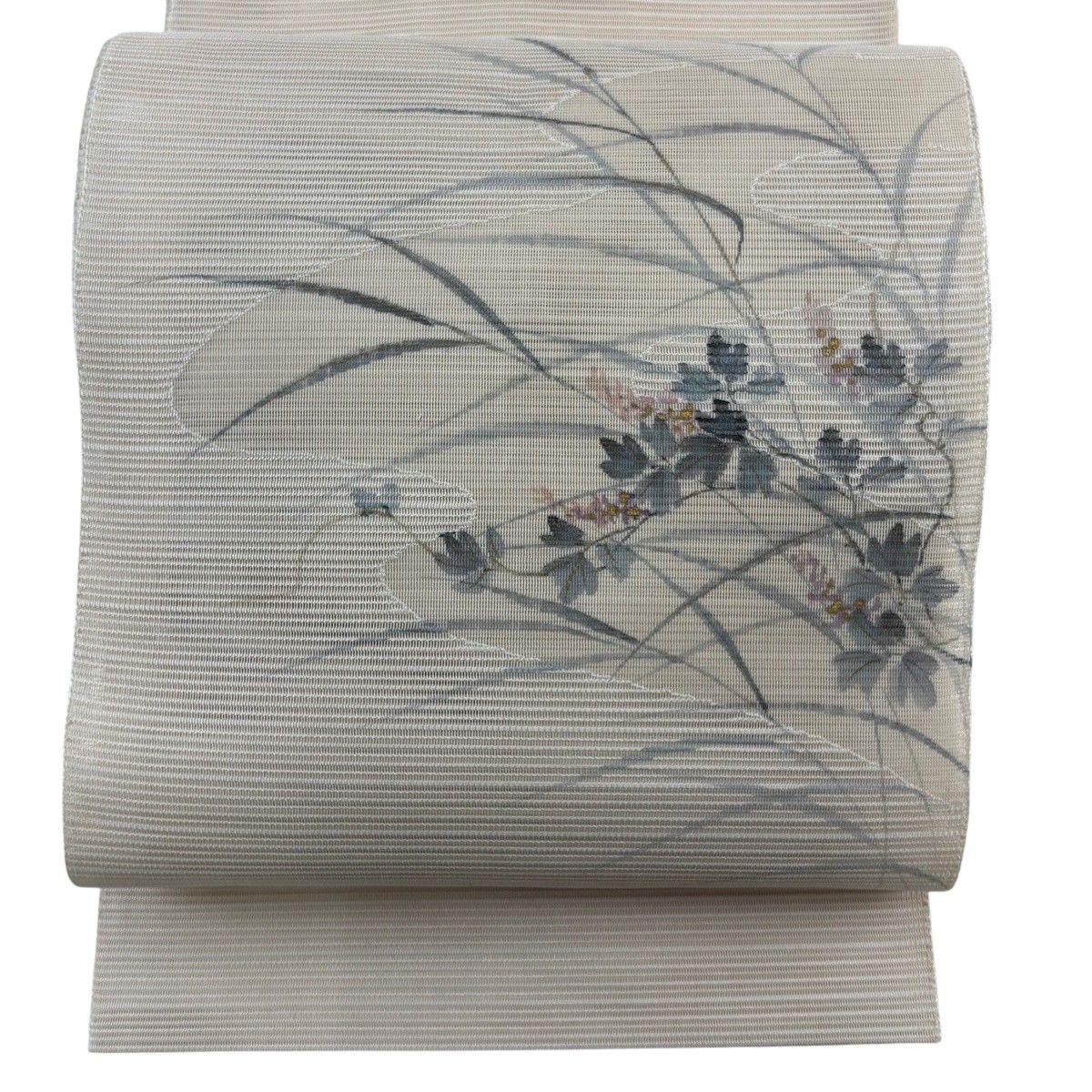 名古屋帯 秀品 落款 夏帯 絽 八寸名古屋帯トンネル仕立て 草花 霞 金彩 ベージュ 正絹 【中古】