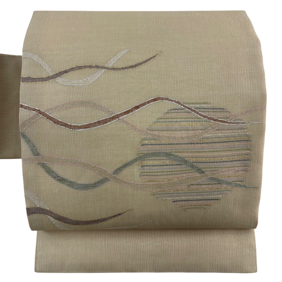 【美品】 名古屋帯 秀品 夏帯 幾何学 金銀糸 箔 ベージュ 正絹 【中古】