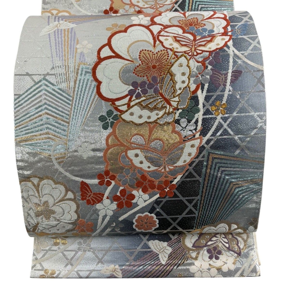 【美品】 袋帯 秀品 蝶 草花 箔 唐織 銀色 六通 正絹 【中古】