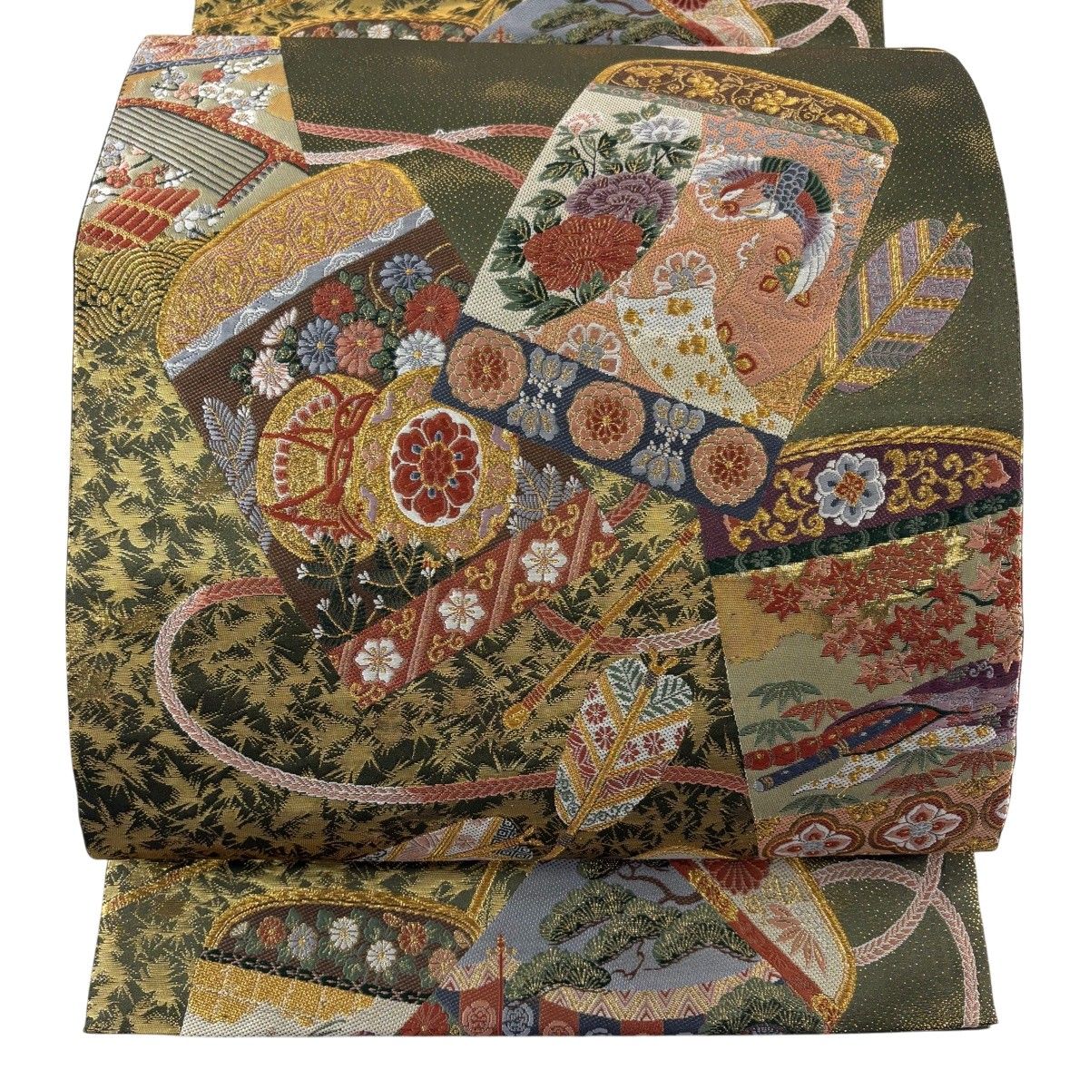 【美品】 袋帯 秀品 草花 矢羽 金糸 箔 鶯色 六通 正絹 【中古】