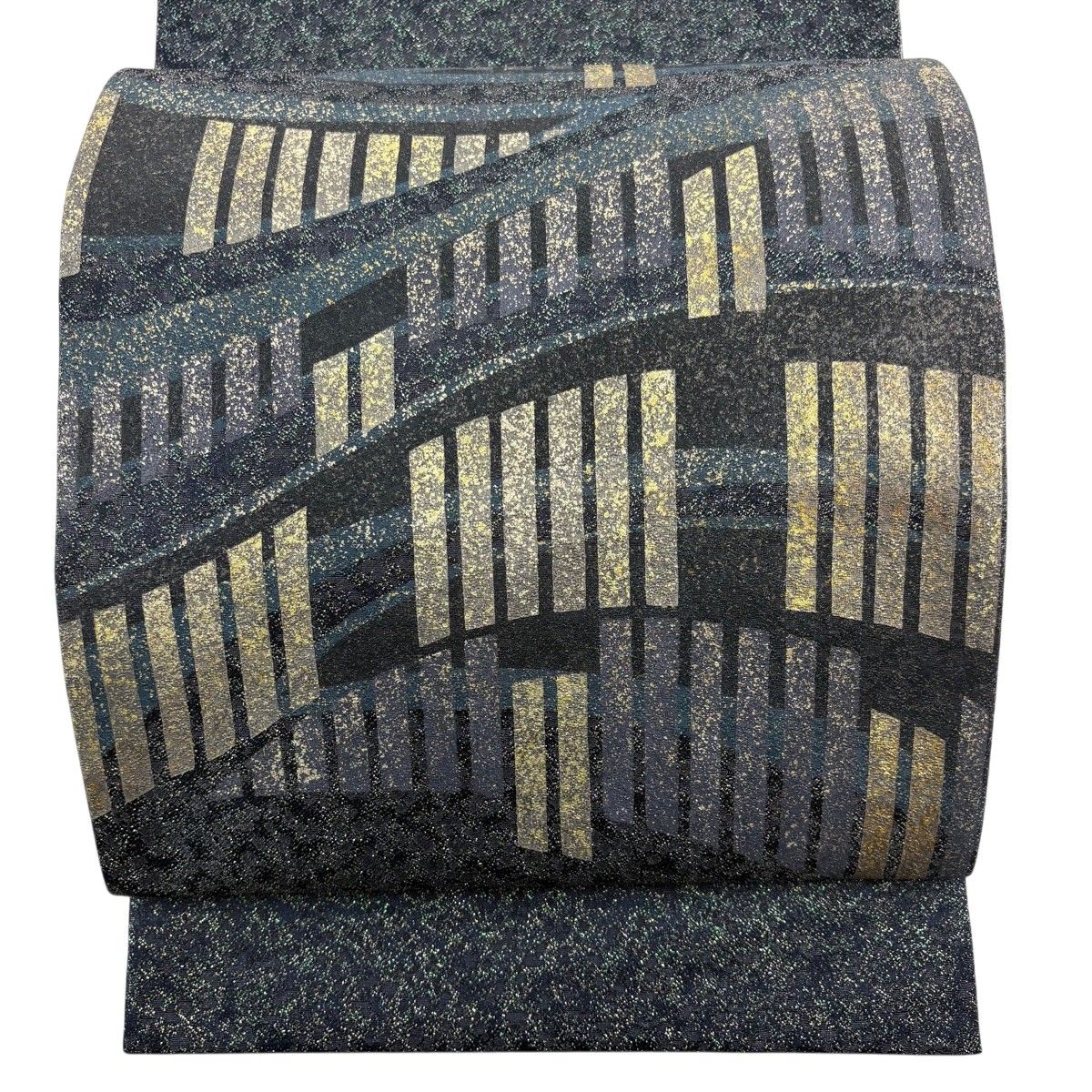 【美品】 袋帯 秀品 幾何学 箔 金彩 濃紺 お太鼓柄 正絹 【中古】