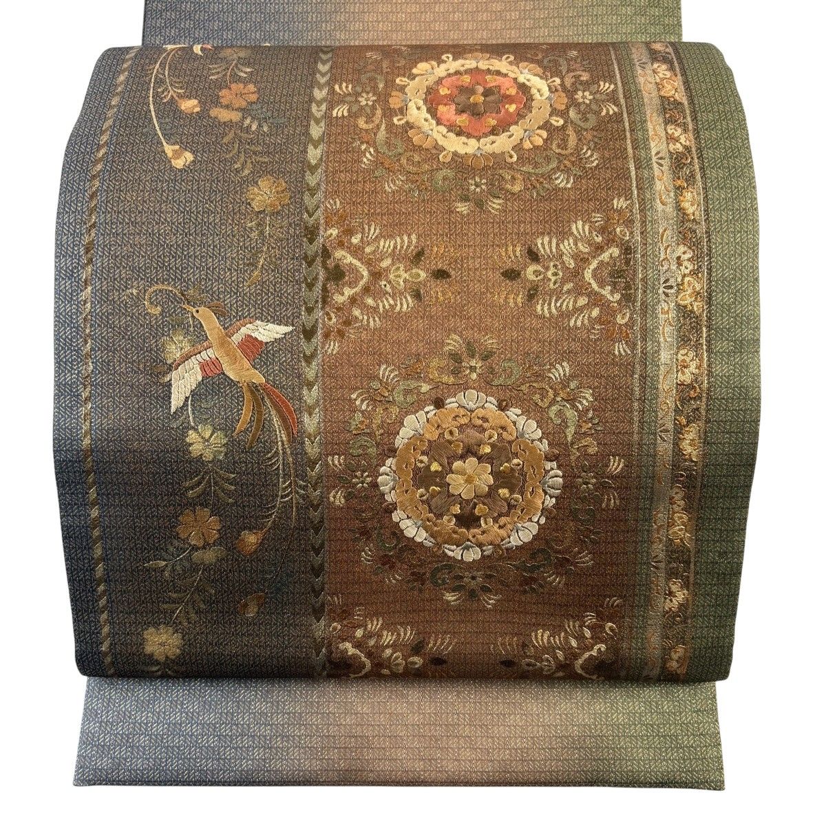 袋帯 秀品 華文 花喰い鳥 刺繍 金通し 茶色 お太鼓柄 正絹 【中古】