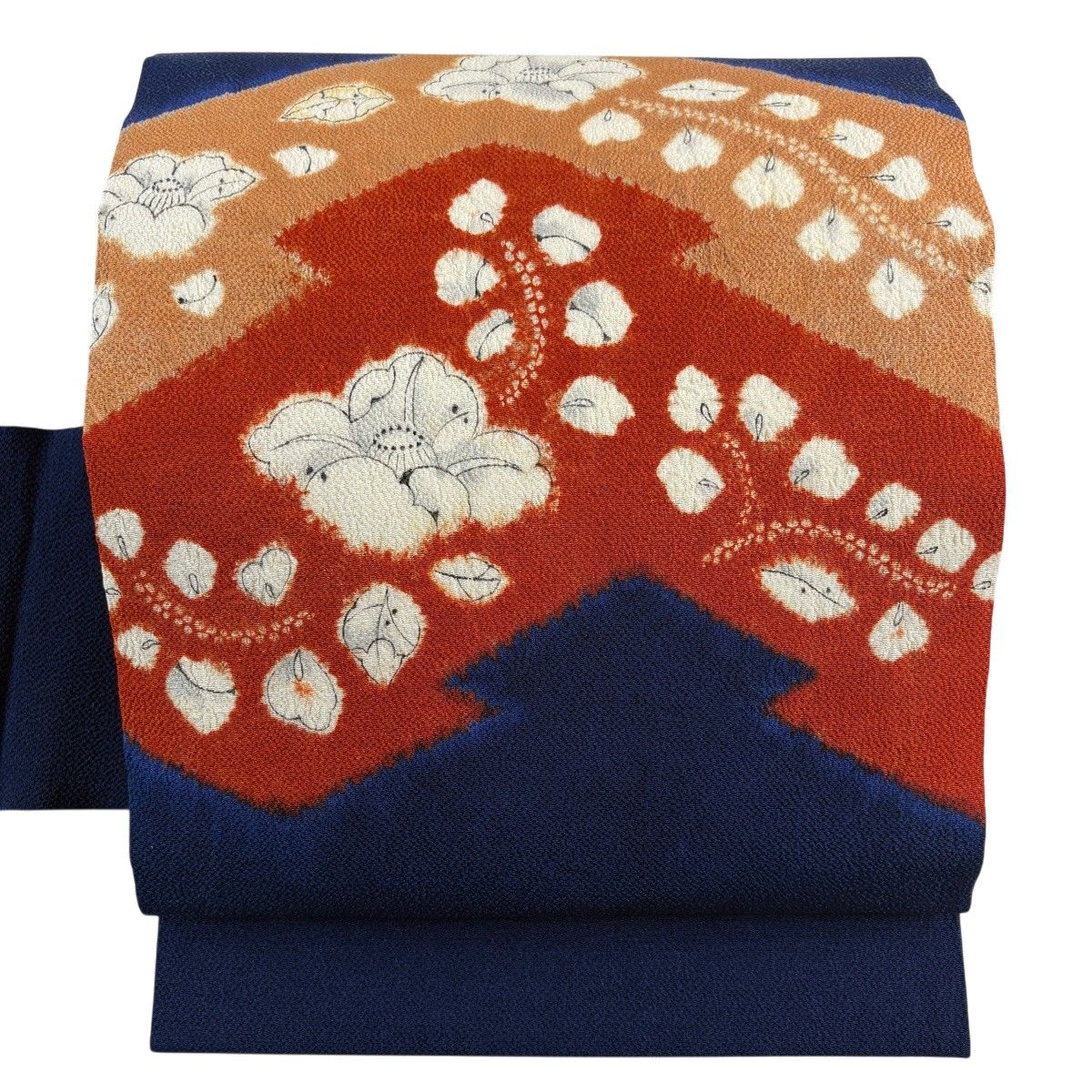 名古屋帯 秀品 辻が花柄 縮緬 染め分け 紺色 正絹 【中古】