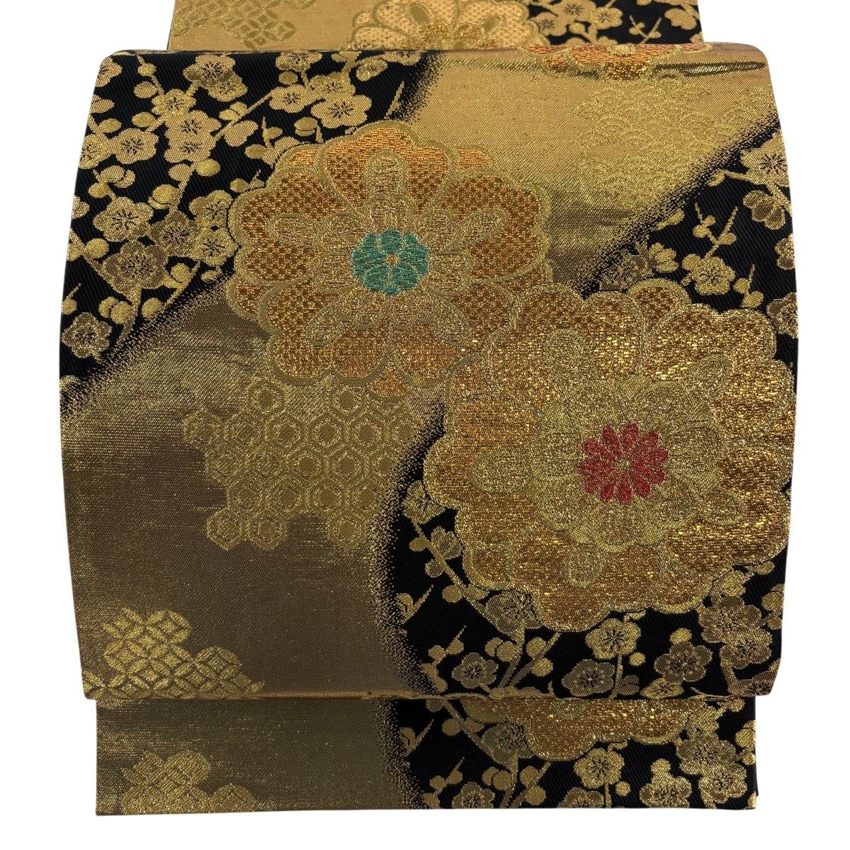 【美品】 袋帯 秀品 鈴乃屋 枝梅 華文 箔 黒 六通 正絹 【中古】