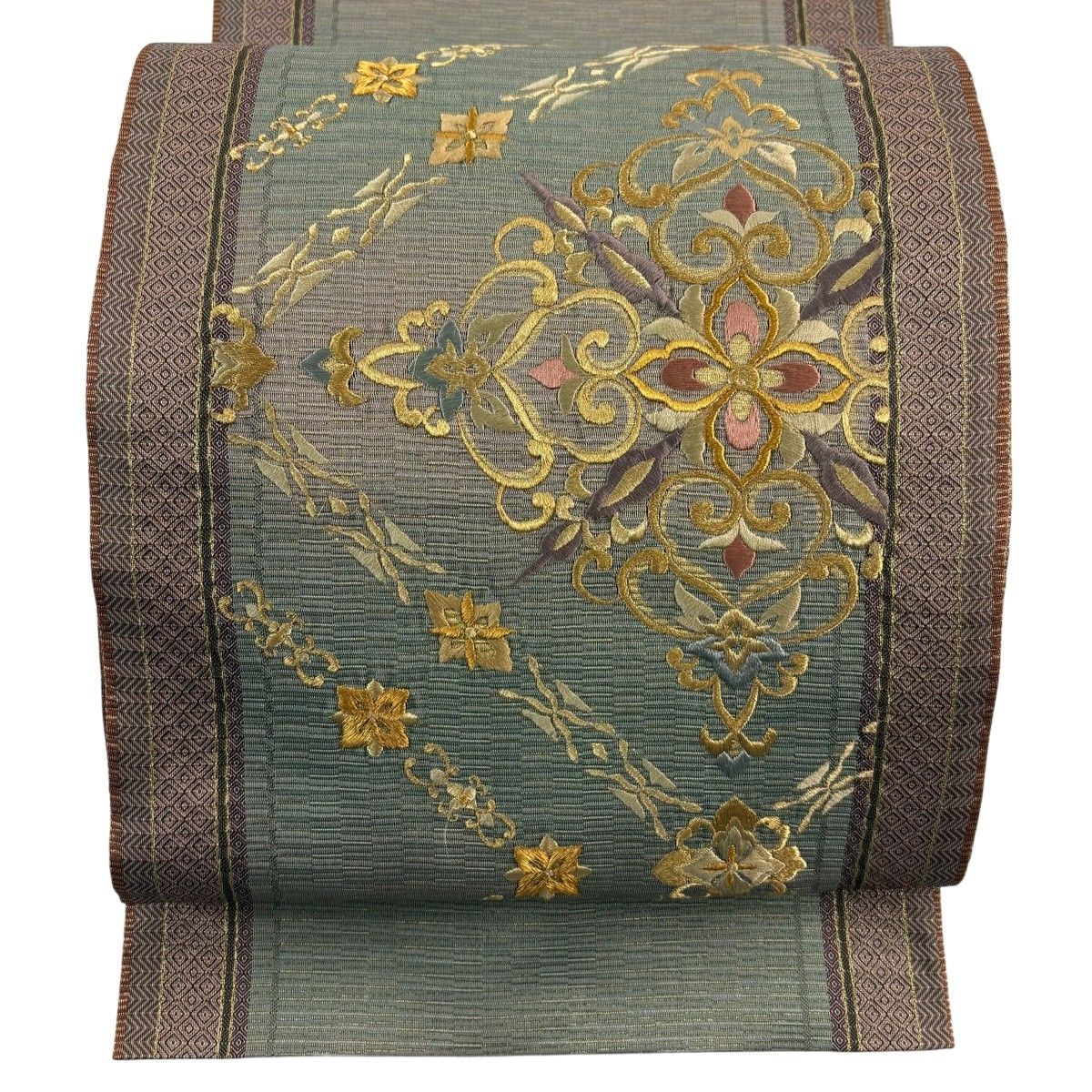袋帯 秀品 花菱 縞 刺繍 金糸 灰緑 お太鼓柄 正絹 【中古】