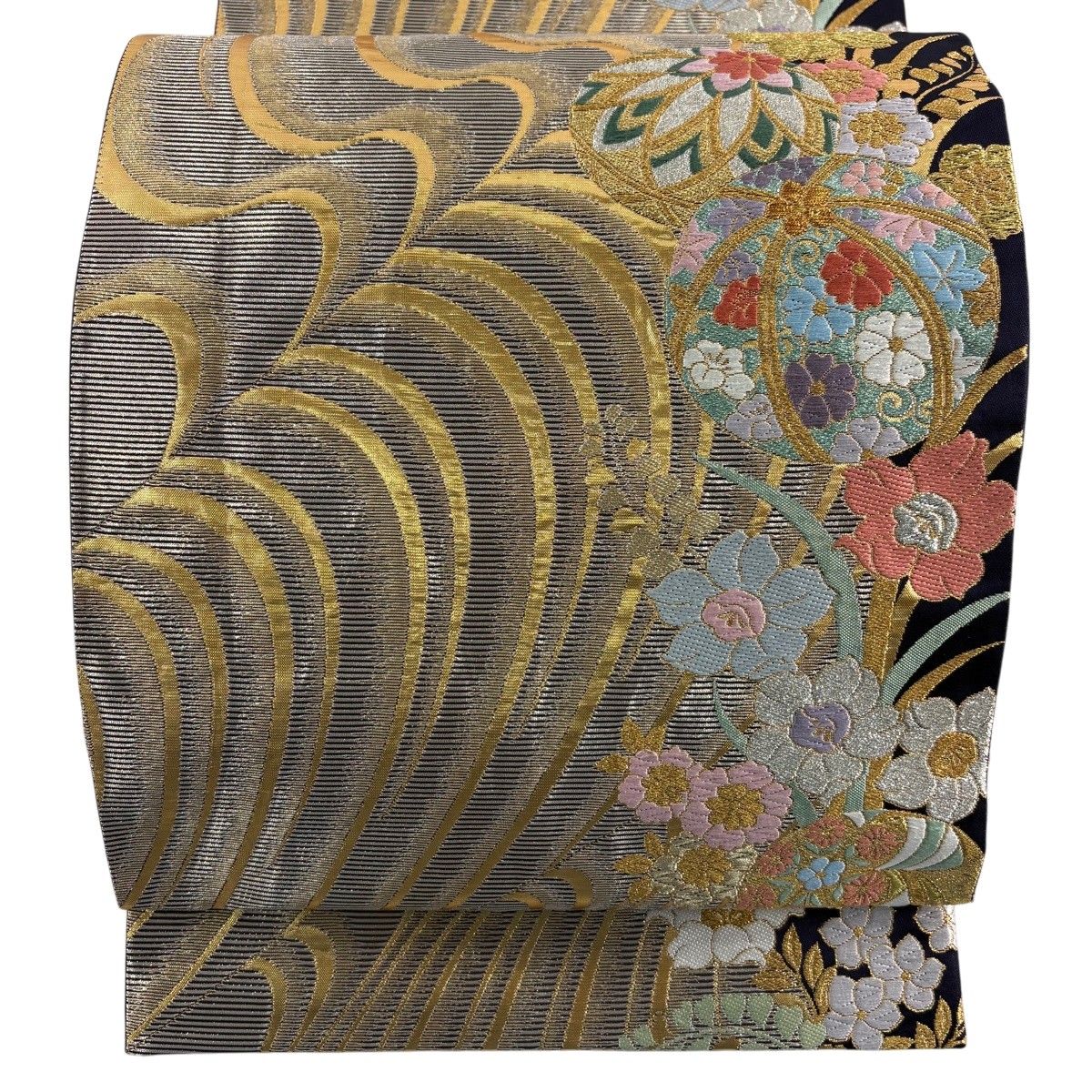 【美品】 袋帯 秀品 手鞠 流水 箔 唐織 墨色 全通 正絹 【中古】