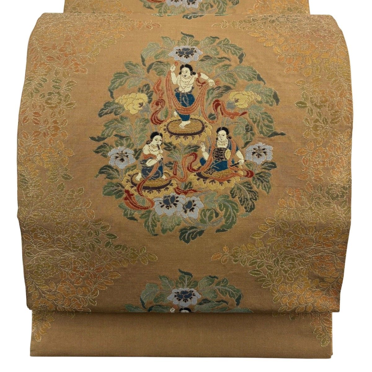 【美品】 袋帯 秀品 川島織物 落款 人物 草花 箔 山吹茶色 六通 正絹 【中古】