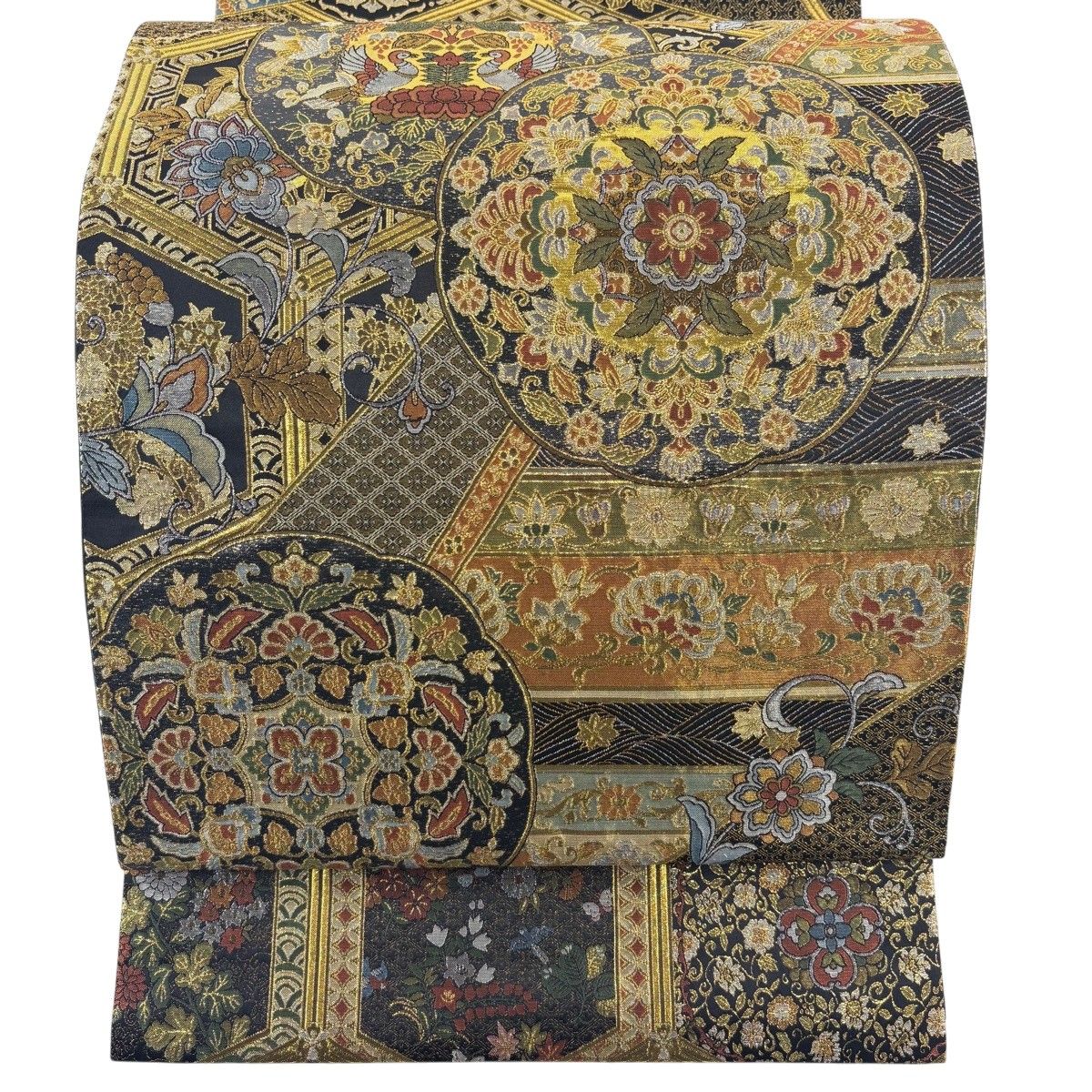 【美品】 袋帯 秀品 超極細織り錦 神鏡亀甲文様 箔 金銀糸 黒 お太鼓柄 正絹 【中古】