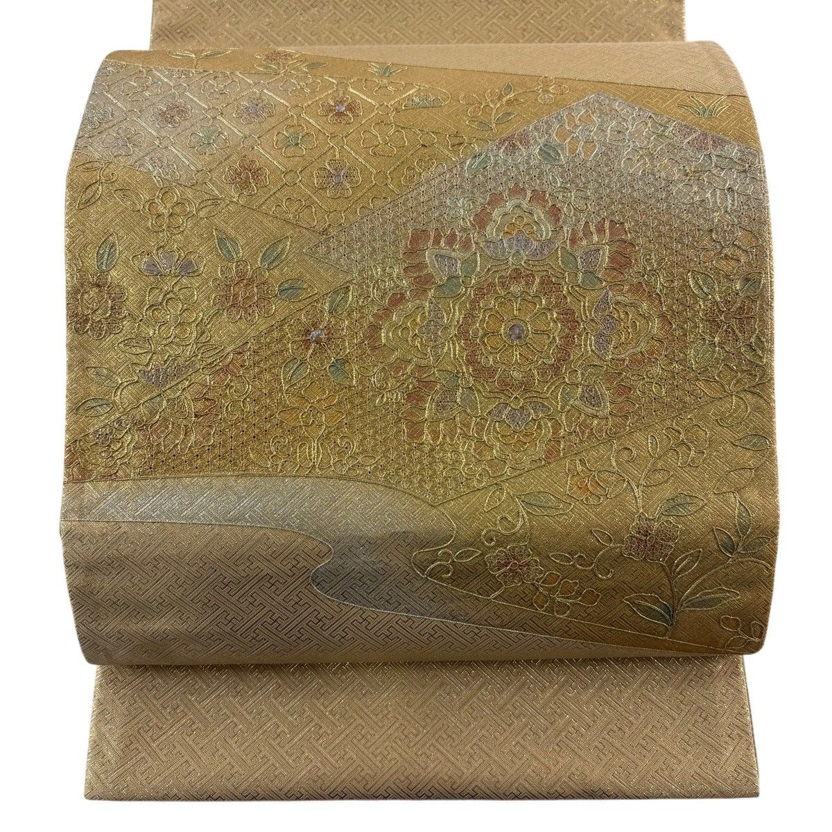 【美品】 袋帯 秀品 華文 草花 刺繍 箔 金色 お太鼓柄 正絹 【中古】