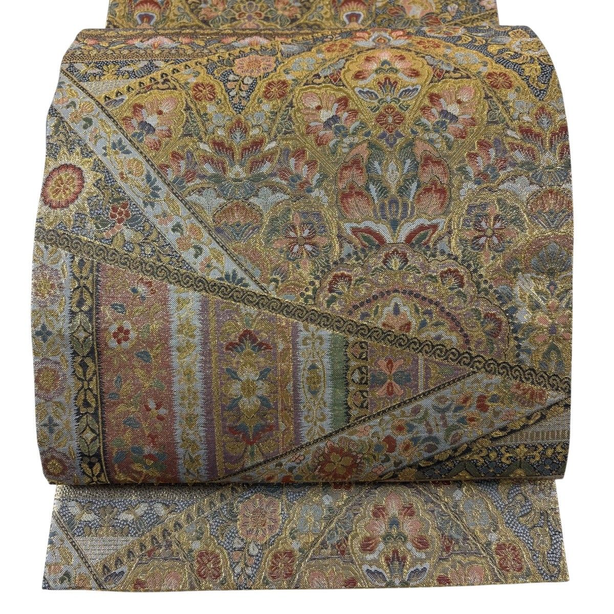 【美品】 袋帯 秀品 澄点咲草花文 箔 金糸 青灰色 六通 正絹 【中古】