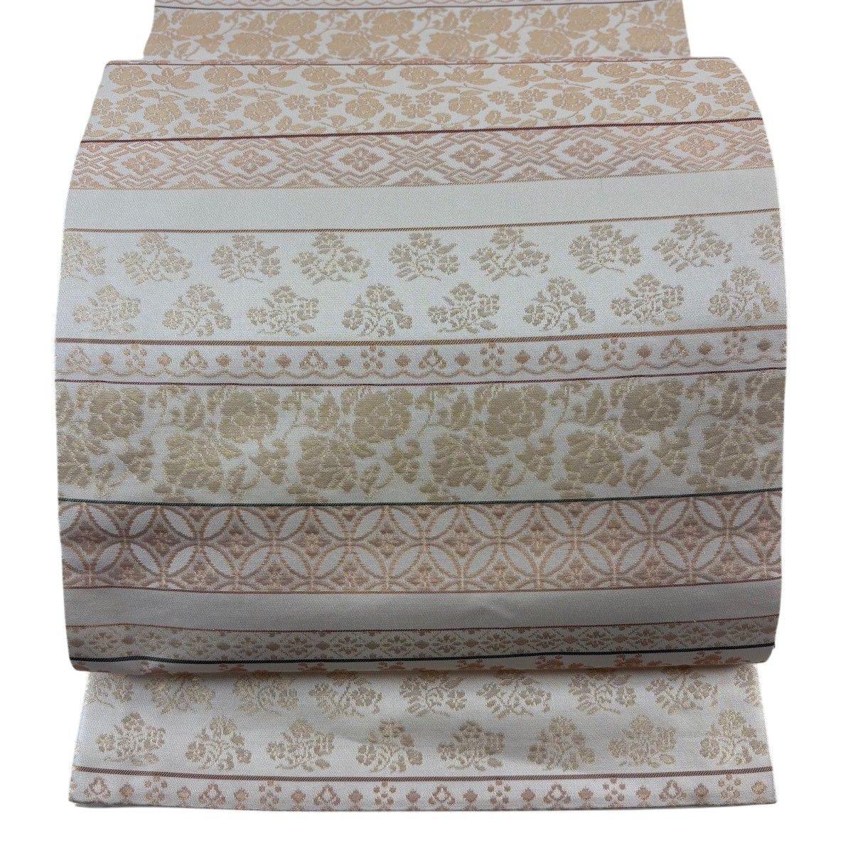 【美品】 袋帯 秀品 草花 七宝 箔 クリーム 六通 正絹 【中古】
