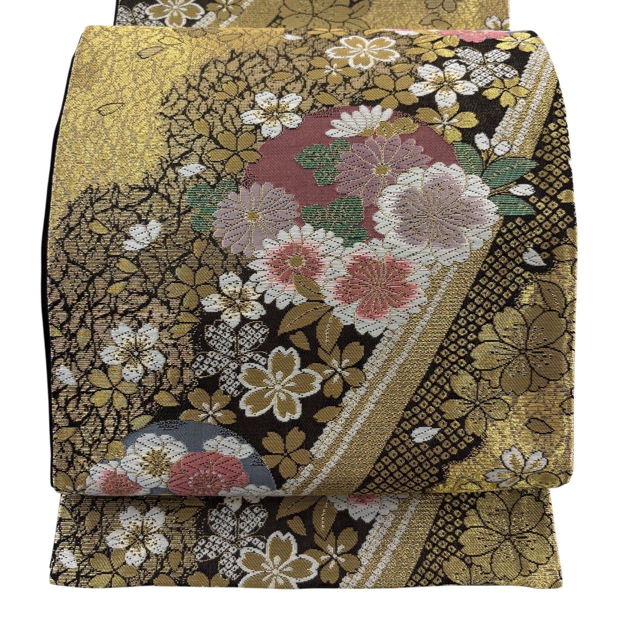 【美品】 袋帯 秀品 花丸文 花弁 金糸 黒 六通 正絹 【中古】