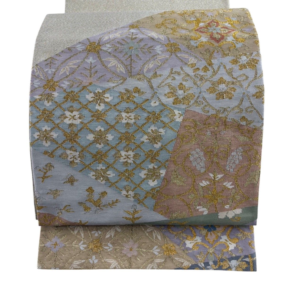 【美品】 袋帯 逸品 華文 花唐草 金銀糸 青灰色 お太鼓柄 正絹 【中古】