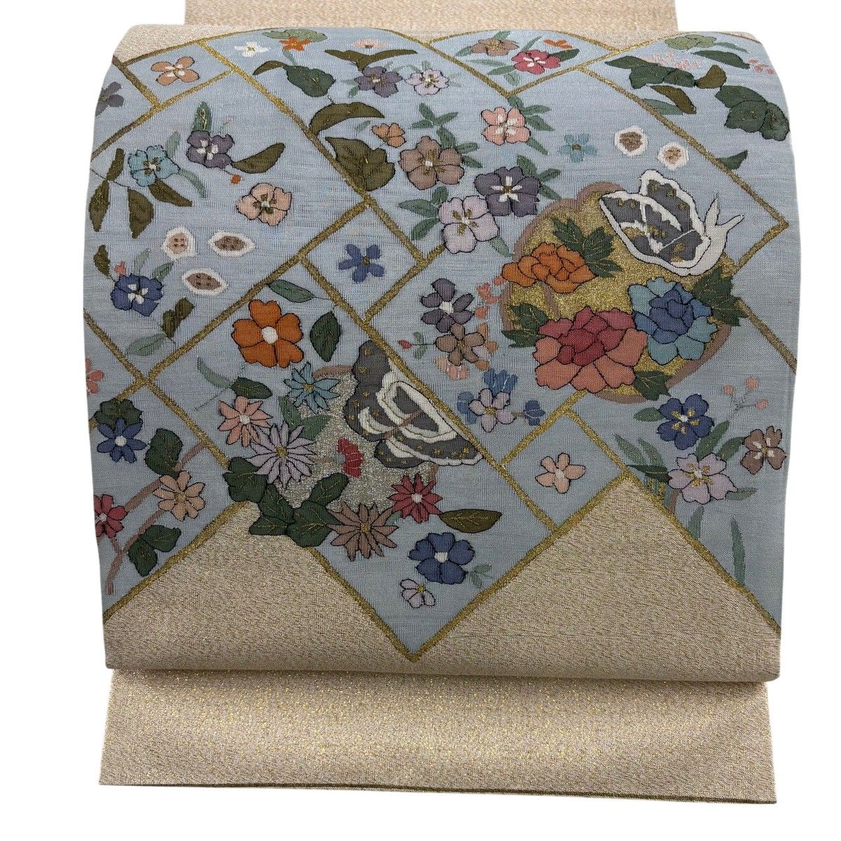 袋帯 逸品 草花 蝶 箔 青灰色 お太鼓柄 正絹 【中古】