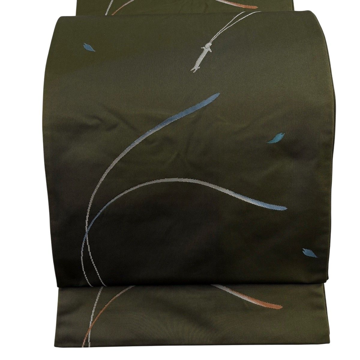袋帯 逸品 辻村ジュサブロー 落款 花うさぎ 花びら 茶緑色 六通 正絹 【中古】
