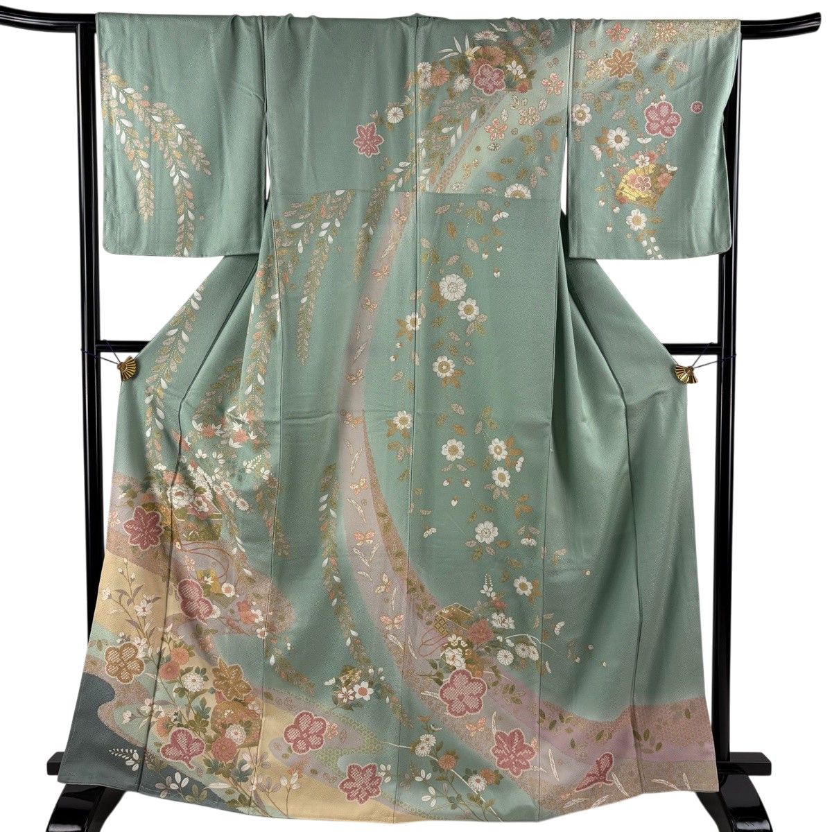 【美品】 訪問着 身丈167cm 裄丈66.5cm M 袷 草花 桧扇 金彩 染分け 薄緑 正絹 逸品 【中古】