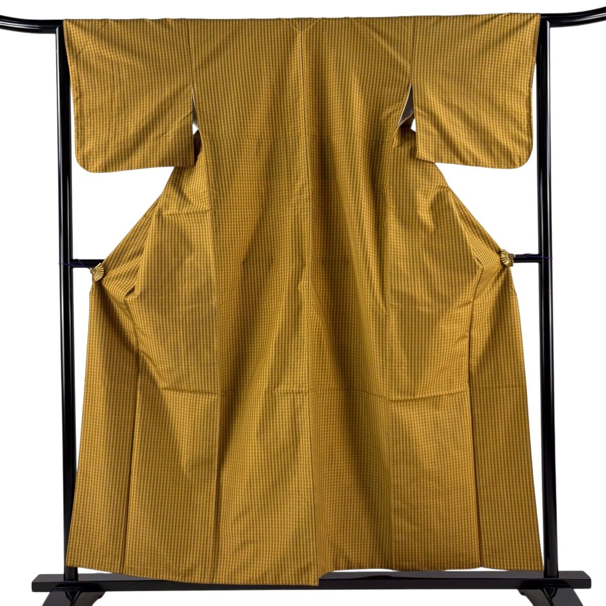紬 身丈156cm 裄丈64cm M 袷 格子 山吹茶色 正絹 逸品 【中古】