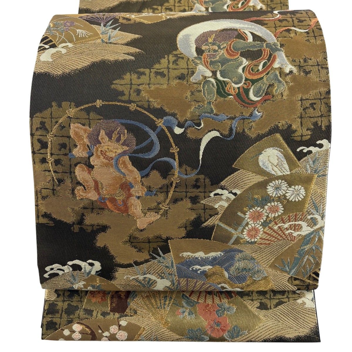 【美品】 袋帯 逸品 宗達余情紋 風神雷神 扇 箔 金糸 金茶 六通 正絹 【中古】