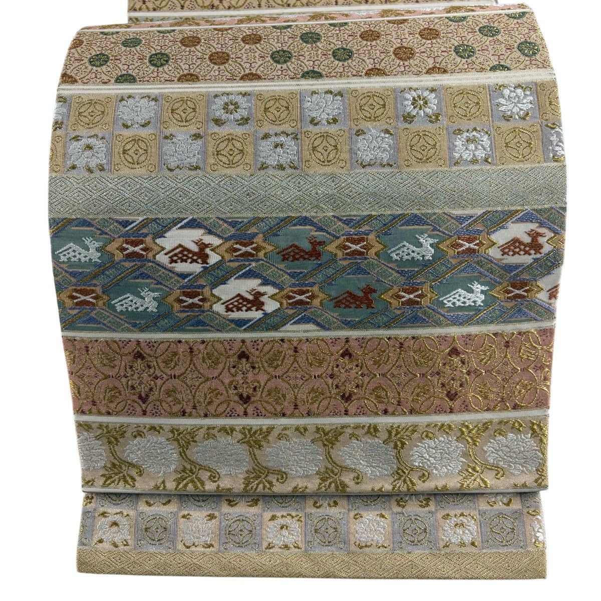 袋帯 逸品 河村織物 落款 名物裂重文 金銀糸 刺繍 薄茶色 六通 正絹 【中古】