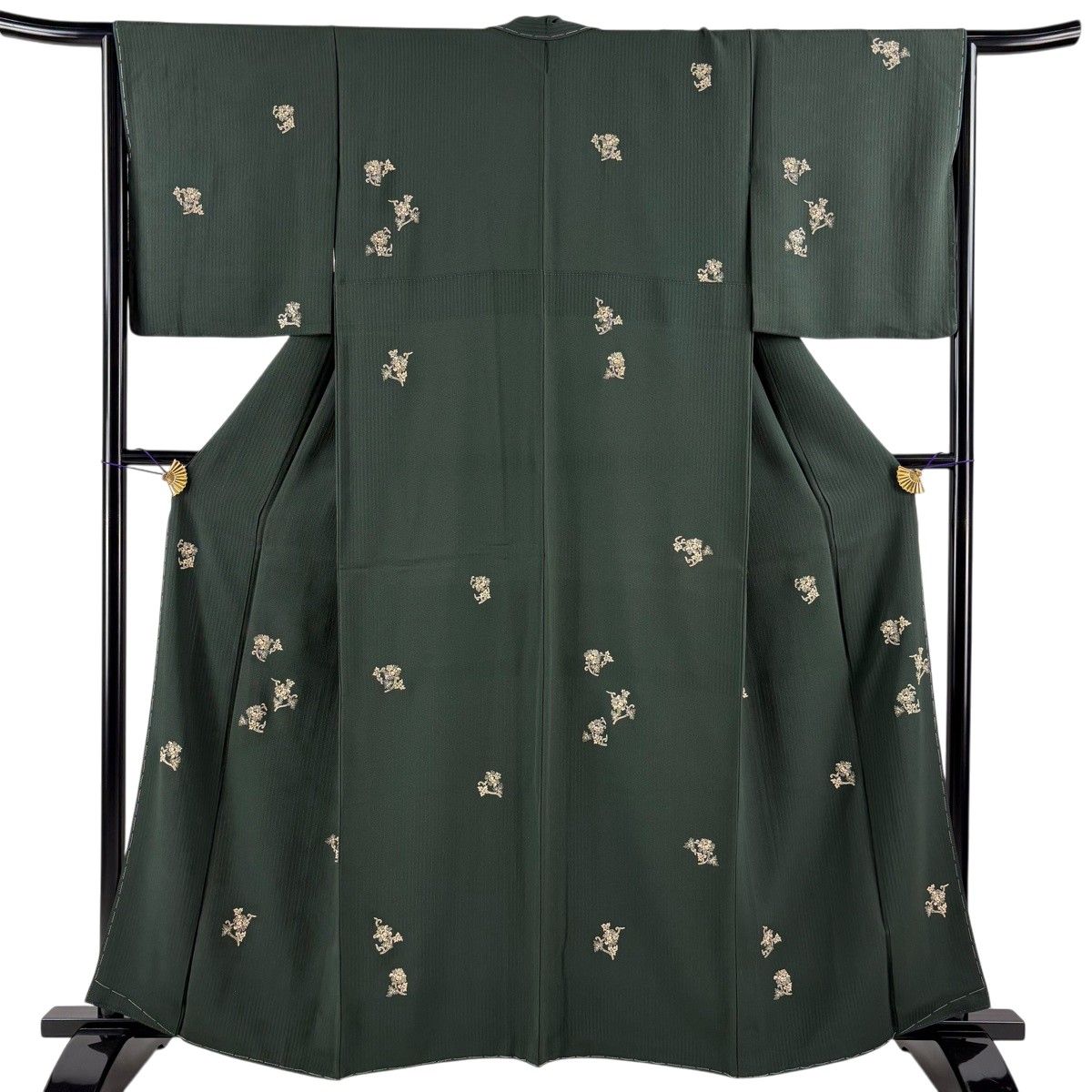 【美品】 小紋 身丈161cm 裄丈64cm M 袷 草花 地紋 深緑 正絹 逸品 【中古】