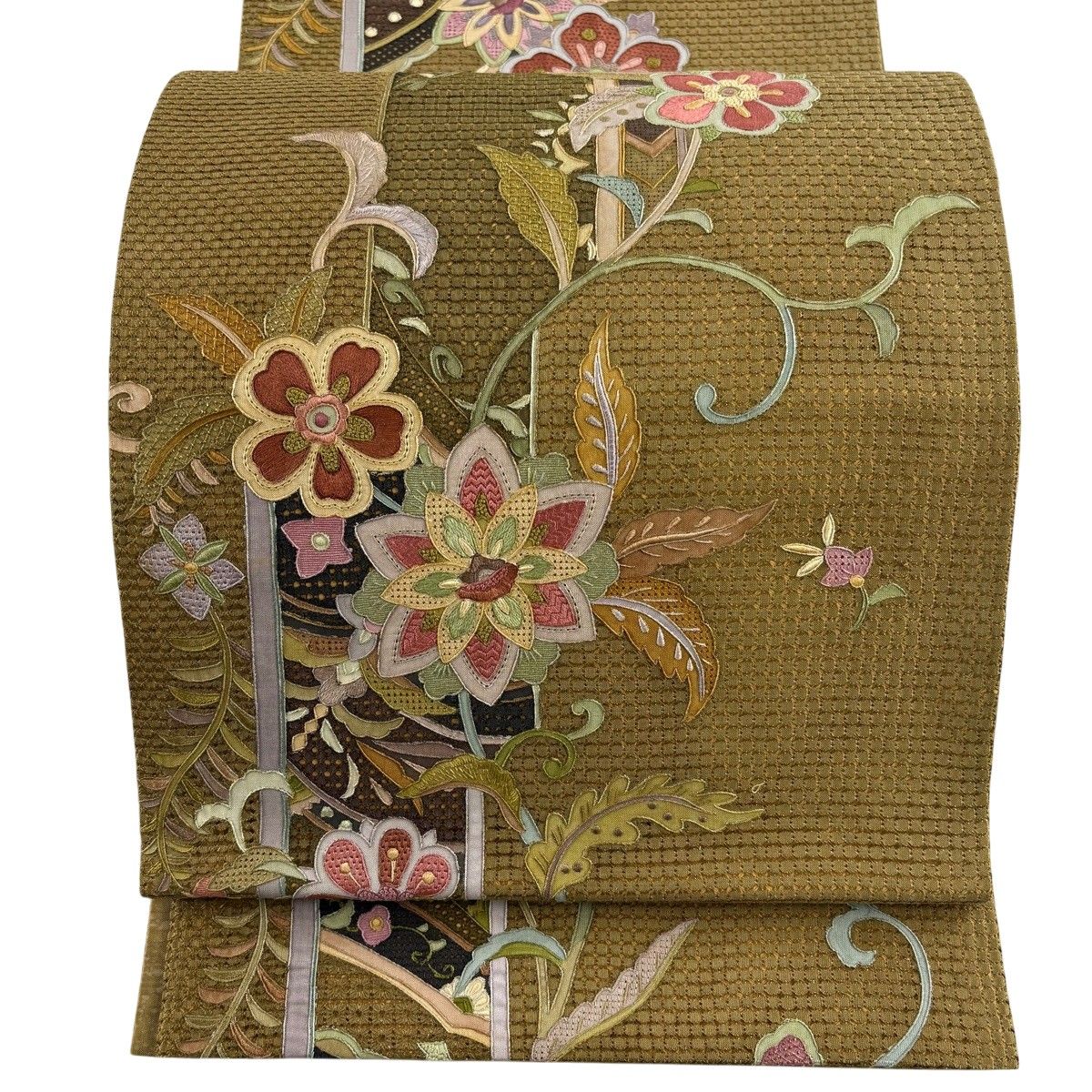 【美品】 袋帯 逸品 草花 金糸 汕頭刺繍 黄土色 六通 正絹 【中古】