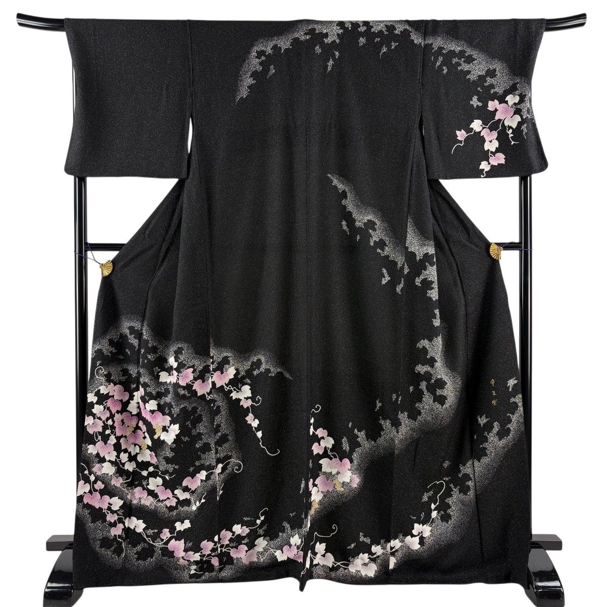 【美品】 訪問着 身丈168.5cm 裄丈69.5cm L 袷 帝王紫 ほていや 落款 葡萄 シルエット 金銀彩 銀通し 黒 正絹 逸品 【中古】訪問着・付け下げ