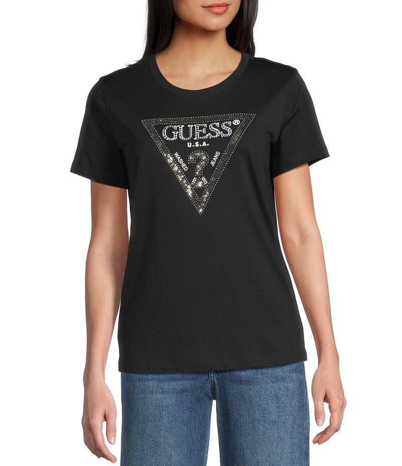 ゲス レディース トップス Tシャツ ロゴ Guess Krystal Short Sleeve Logo TShirt Jet Black ブラック