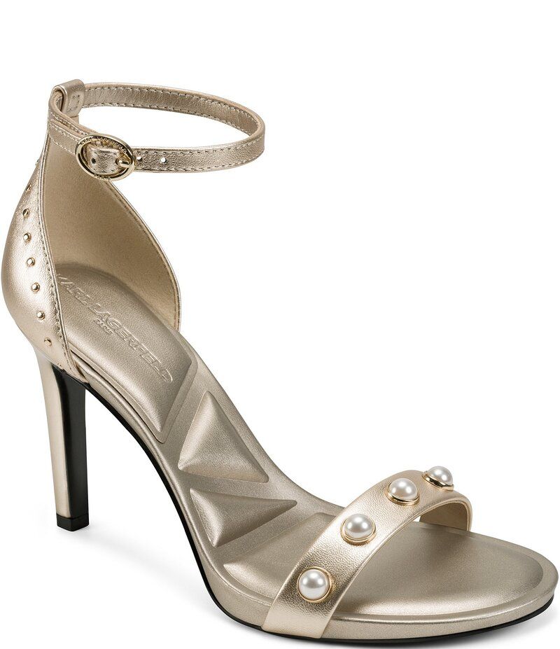 カール ラガーフェルド レディース シューズ サンダル アンクル レザー KARL LAGERFELD PARIS Kenz Pearl and Stud Ornamented Leather Ankle Strap Dress Sandals White G