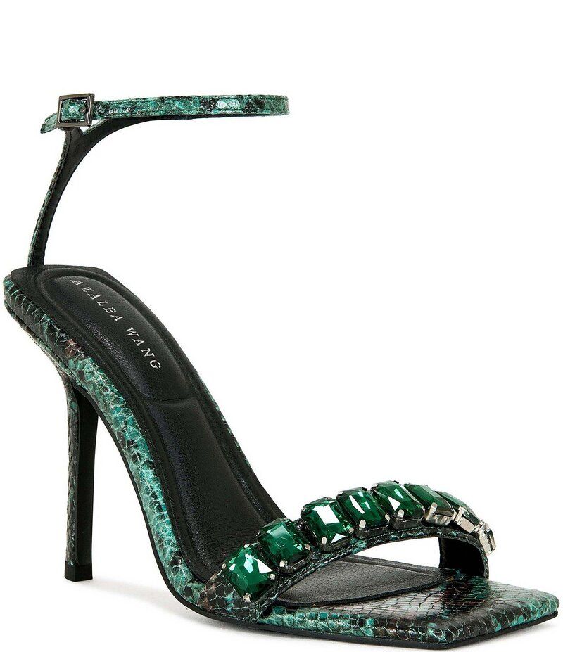 アザレア ワン レディース シューズ サンダル プリント アンクル Azalea Wang Periis Snake Print Ankle Strap Jeweled Dress Sandals Greensnake