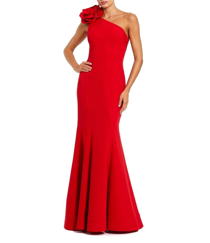 マックダガル レディース トップス ワンピース クレープ ワンショルダー ノースリーブ Mac Duggal Crepe OneShoulder Neck Sleeveless Rosette Mermaid Gown Red レッド