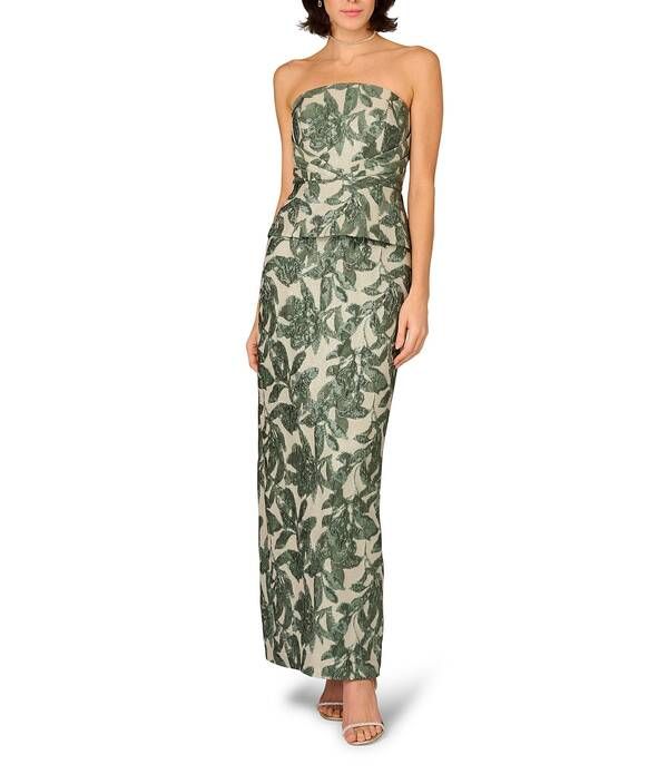 アイダンマットックス レディース トップス ワンピース プリント ストラップレス Aidan Mattox Strapless Peplum Print Jacquard Gown Greenslate
