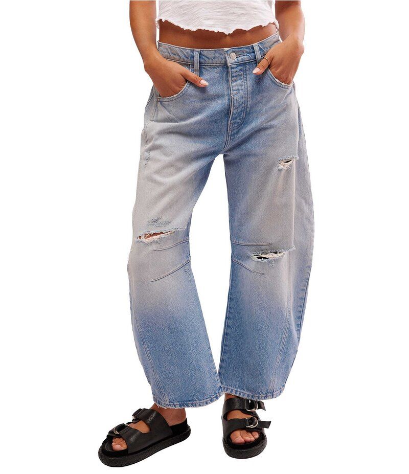フリーピープル レディース ボトムス デニムパンツ ワイドレッグ ジーンズ Free People We The Free Good Luck Mid Rise Destruction Wide Leg Barrel Jeans Barnyard Blue ブ